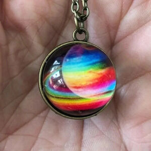 3D Rainbow Saturn Rings Planet Globe Unique Glass Brass Chain Necklace